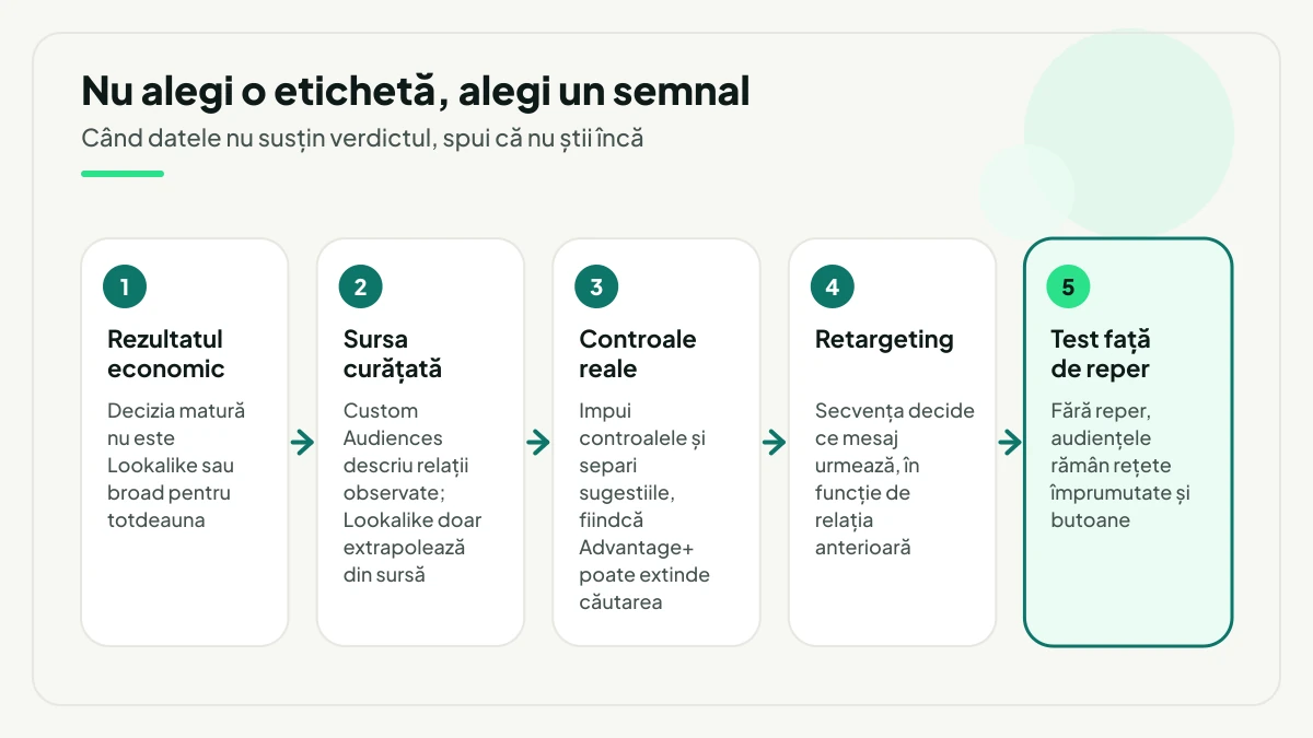 Ciclu în cinci pași pentru audiențe Meta: definirea rezultatului economic, curățarea sursei, impunerea controalelor și separarea sugestiilor, secvența de retargeting și testul față de un reper.