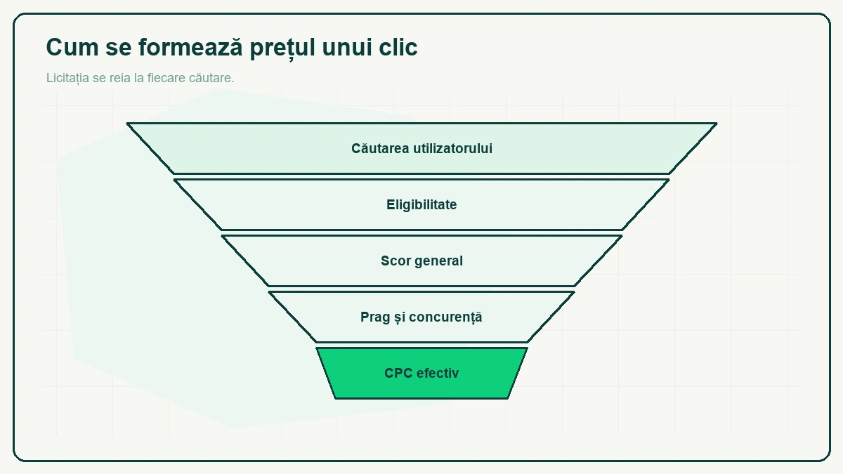 Pâlnie cu patru etaje — căutarea utilizatorului, eligibilitate, scor general, prag și concurență — care se îngustează până la banda verde de la bază, „CPC efectiv".