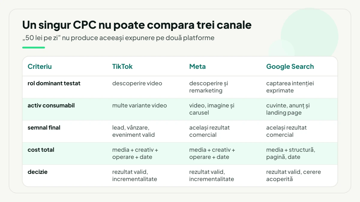 Tabel de comparație între TikTok, Meta și Google Search pe aceleași cinci criterii: rolul dominant testat, activul consumabil, semnalul final, costul total și decizia.