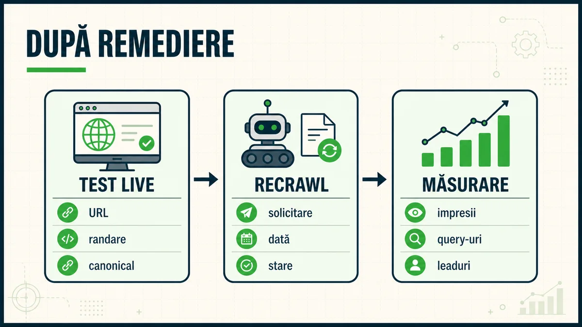 Flux de verificare după remediere cu test live, recrawl și măsurarea rezultatelor