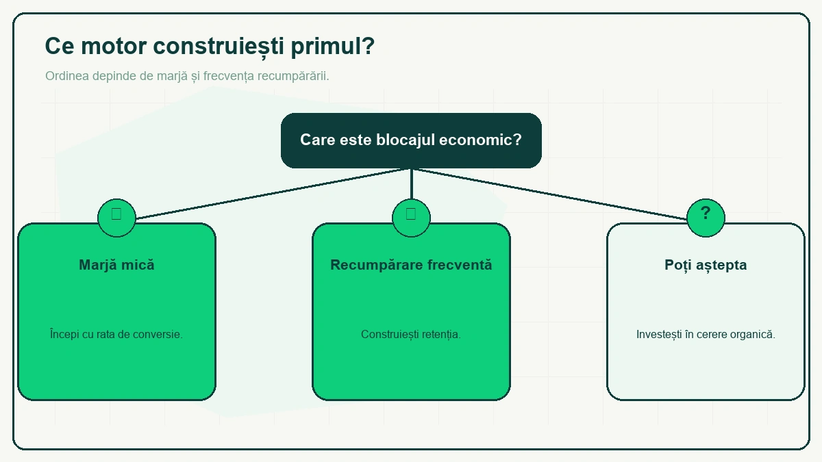 Arbore de decizie de la întrebarea „Care este blocajul economic?": Marjă mică — începi cu rata de conversie; Recumpărare frecventă — construiești retenția; Poți aștepta — investești în cerere organică.