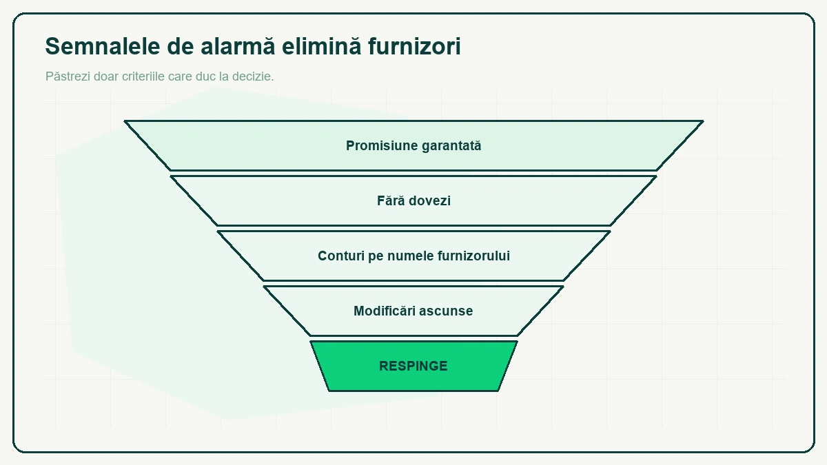 Pâlnie cu patru trepte de eliminare — promisiune garantată, fără dovezi, conturi pe numele furnizorului, modificări ascunse — care se îngustează până la banda verde de la bază, marcată „RESPINGE".