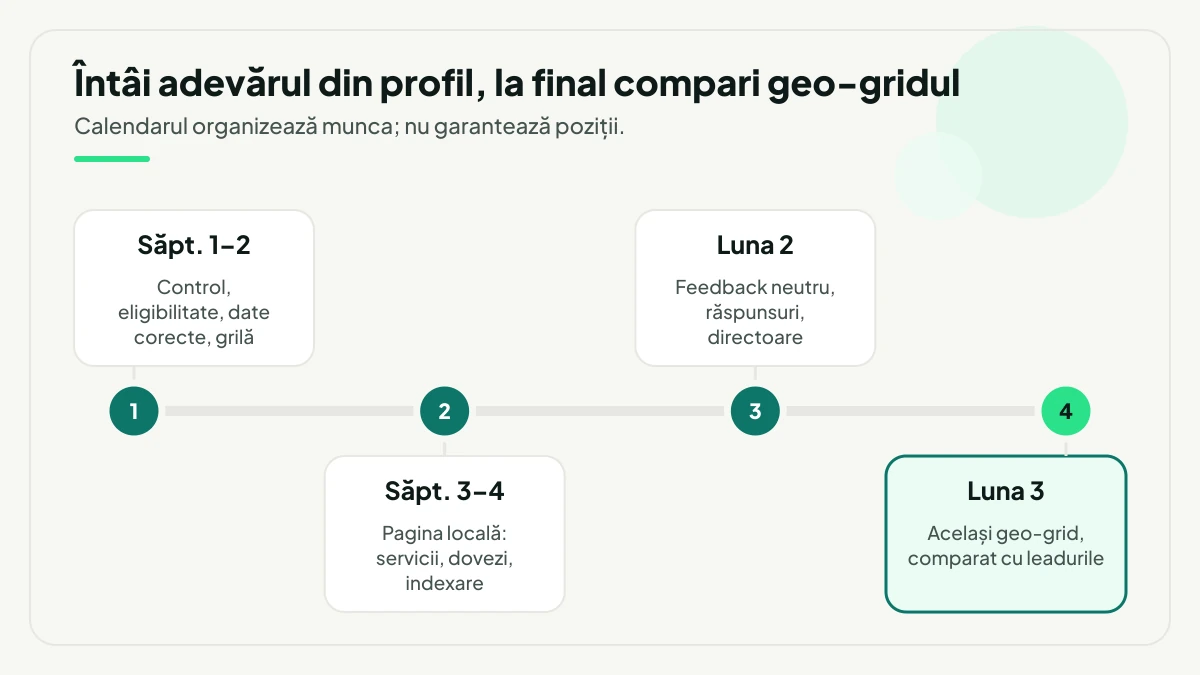Cronologie de 90 de zile în patru etape: săptămânile 1–2 control, eligibilitate și grila inițială, săptămânile 3–4 pagina locală, luna 2 reputația și prezența locală, luna 3 comparația geo-gridului cu jurnalul schimbărilor.