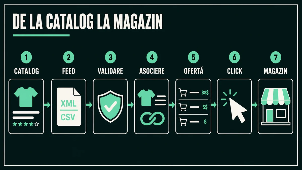 Traseul unei oferte din catalog prin feed și comparator până la clickul care ajunge în magazin