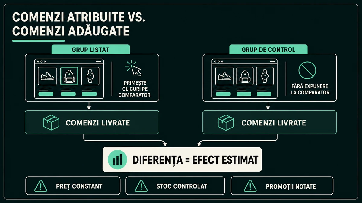 Test controlat în care o parte a ofertei rămâne listată, alta devine control, iar diferența de comenzi estimează contribuția incrementală