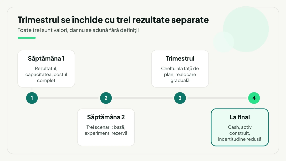 Etapele alocării pe un trimestru: fixarea rezultatului și a costului complet, cele trei scenarii cu bază, experiment și rezervă, urmărirea cheltuielii față de plan cu realocare graduală și cele trei rezultate finale.