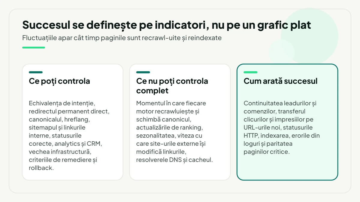 Trei coloane despre ce poți controla la o migrare, ce nu poți controla complet și, evidențiat, cum arată succesul: continuitatea leadurilor, transferul clicurilor și impresiilor, statusurile HTTP, indexarea și paritatea paginilor critice.