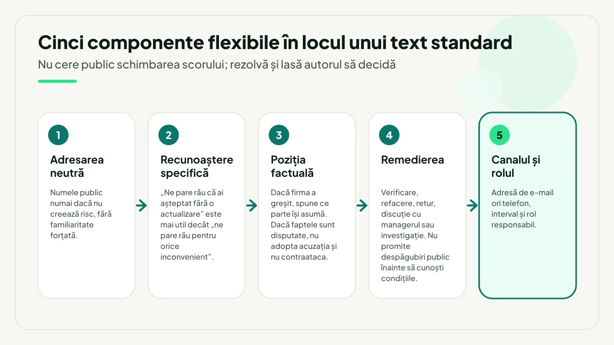 Cele cinci componente ale răspunsului, în ordine: adresarea neutră, recunoașterea specifică, poziția factuală, remedierea și, la final, canalul privat cu rolul responsabil.