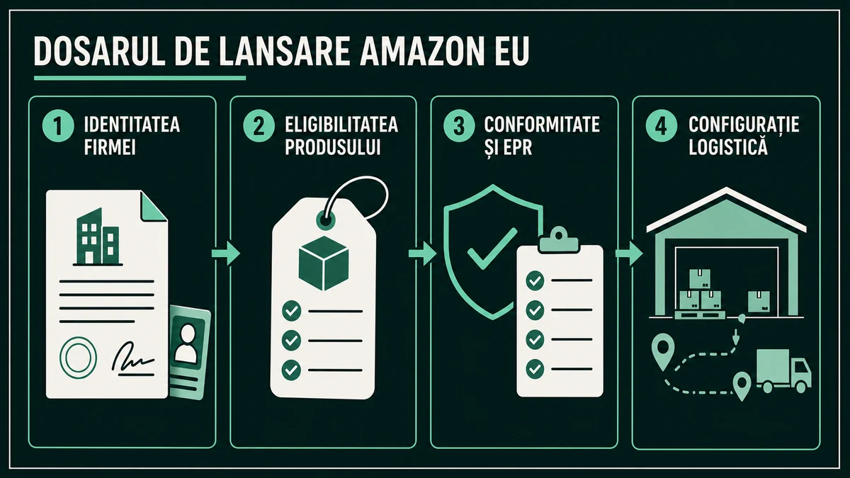 Dosarul de lansare Amazon EU cu identitatea firmei, eligibilitatea produsului, conformitatea și configurația logistică