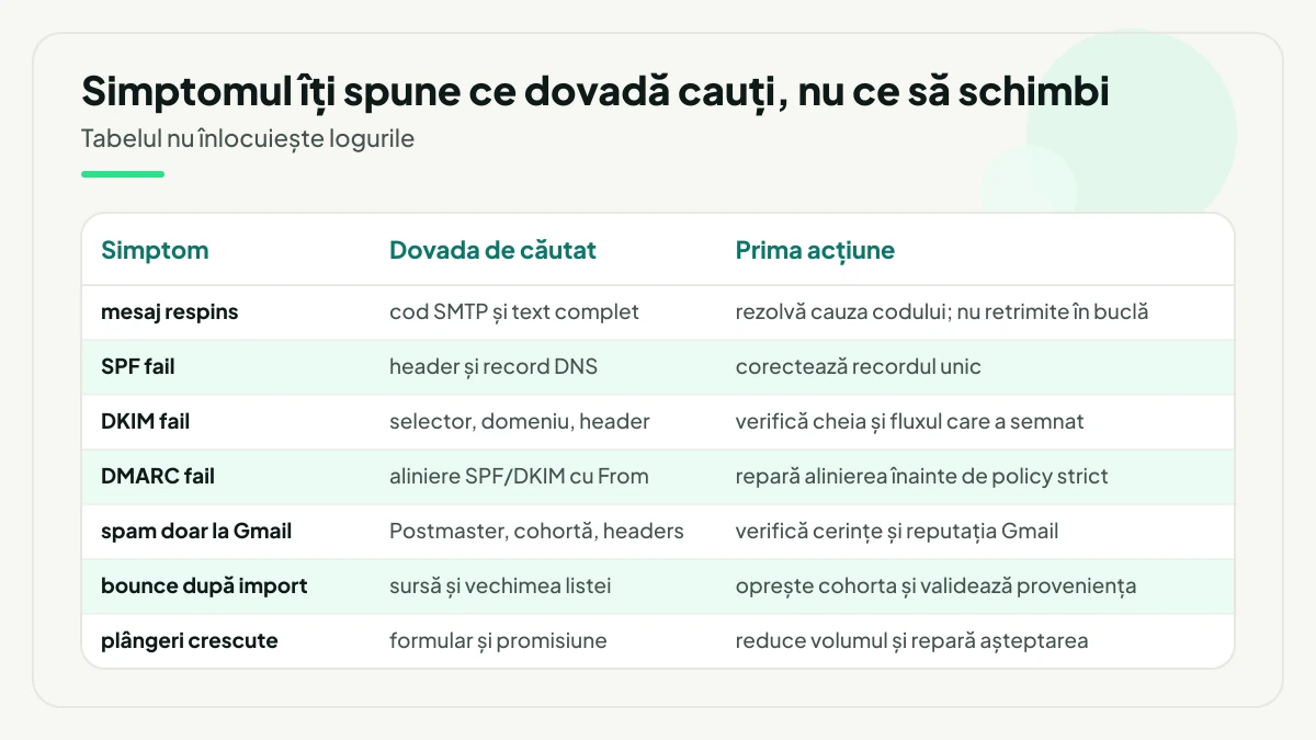 Tabel de triaj pe trei coloane cu simptomul, dovada de căutat și prima acțiune, de la mesajul respins și eșecurile SPF, DKIM sau DMARC până la spam doar la Gmail, bounce după import și plângeri crescute.