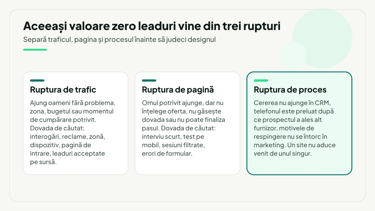 Trei carduri cu rupturile care produc zero leaduri: ruptura de trafic, ruptura de pagină și ruptura de proces, fiecare cu dovada de căutat, cu accent pe ruptura de proces de după acțiunea digitală.