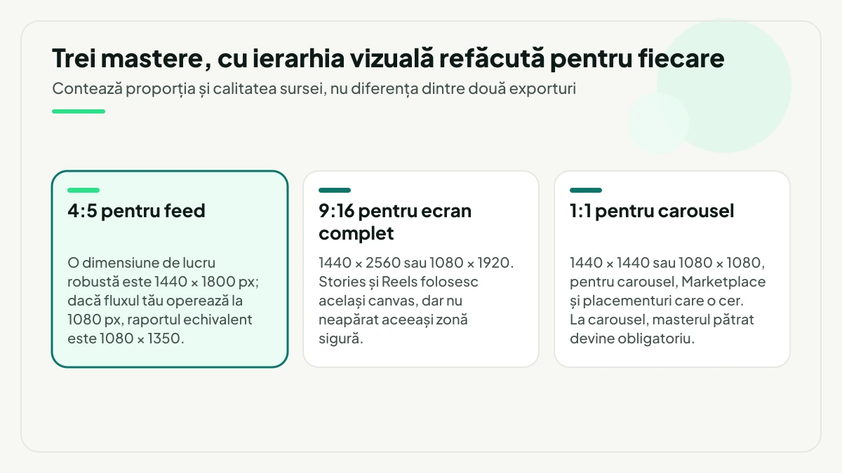 Trei carduri cu masterele de producție pentru reclame Meta: 4:5 la 1440 pe 1800 sau 1080 pe 1350 pentru feed, 9:16 la 1440 pe 2560 sau 1080 pe 1920 pentru ecran complet și 1:1 la 1440 sau 1080 pentru carousel.