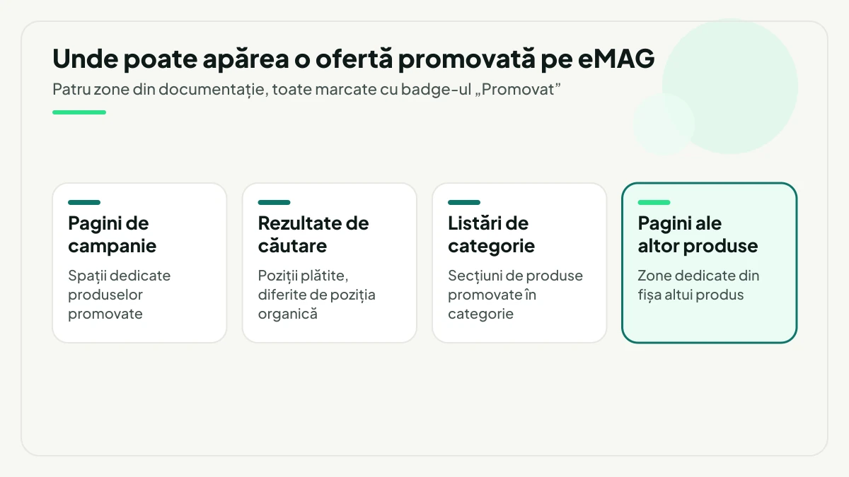 Cele patru zone în care poate apărea o ofertă promovată pe eMAG: pagini de campanie, rezultate de căutare, listări de categorie și pagini ale altor produse