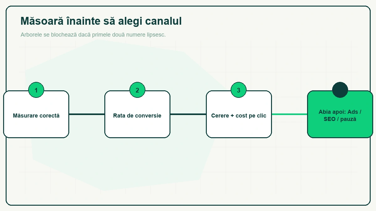 Flux liniar în patru pași: 1 măsurare corectă, 2 rata de conversie, 3 cerere și cost pe clic, iar ultima casetă, verde, spune „Abia apoi: Ads / SEO / pauză".