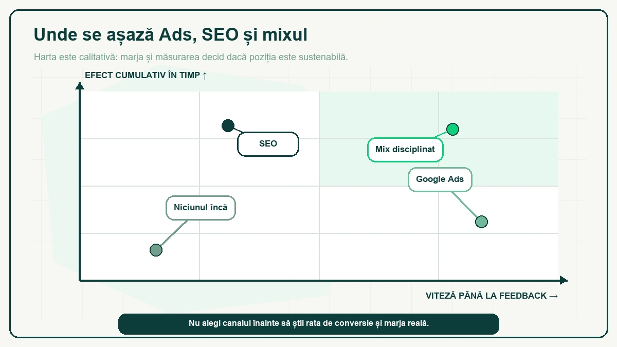 Hartă în patru cadrane, cu axele „efect cumulativ în timp" și „viteză până la feedback": SEO sus-stânga, Google Ads jos-dreapta, mixul disciplinat sus-dreapta, „niciunul încă" jos-stânga.