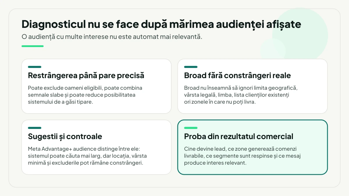 Patru perspective asupra audienței: restrângerea excesivă, broad fără constrângeri reale, diferența dintre sugestii și controale în Advantage+ audience și, evidențiat, proba din rezultatul comercial.