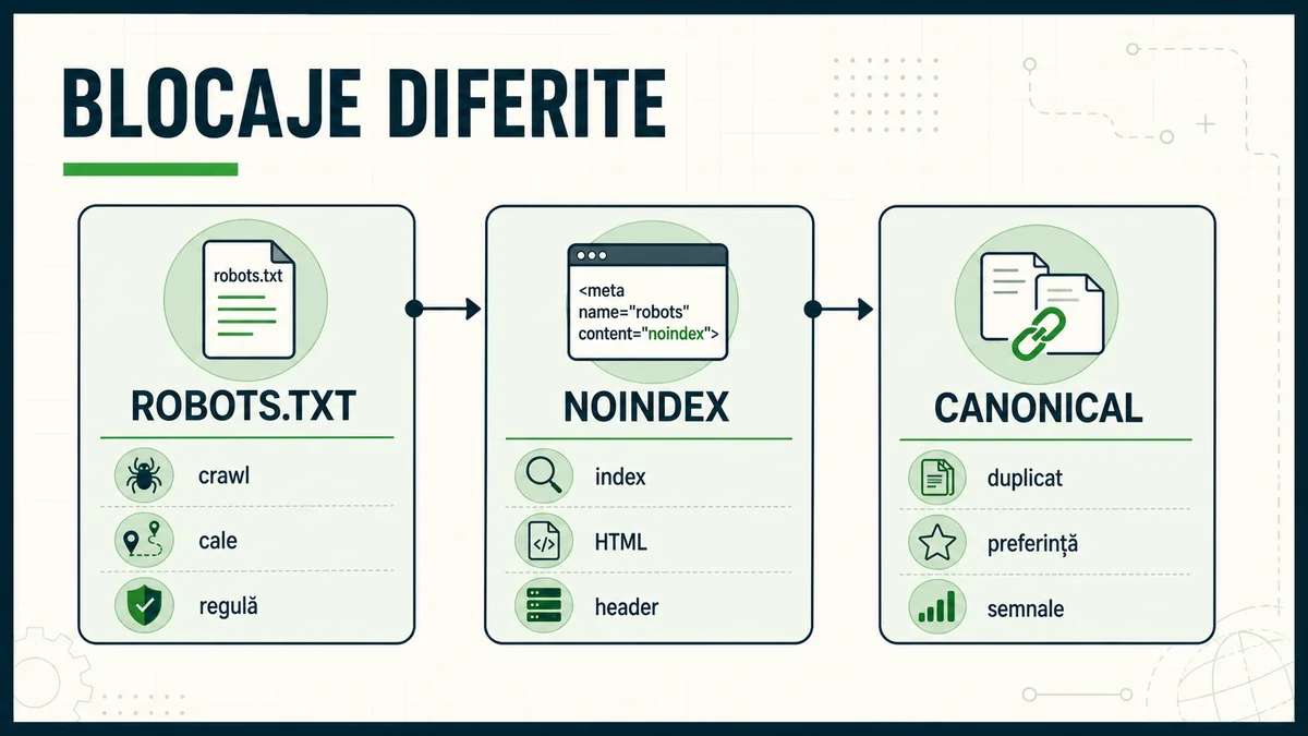Diferența dintre robots.txt noindex și canonical în controlul indexării