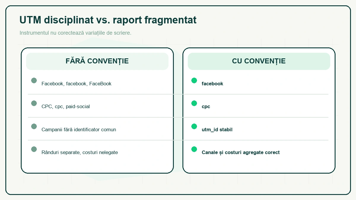 Două coloane față în față: fără convenție — Facebook, facebook, FaceBook, CPC, cpc, paid-social, campanii fără identificator comun; cu convenție — facebook, cpc, utm_id stabil, canale și costuri agregate corect.