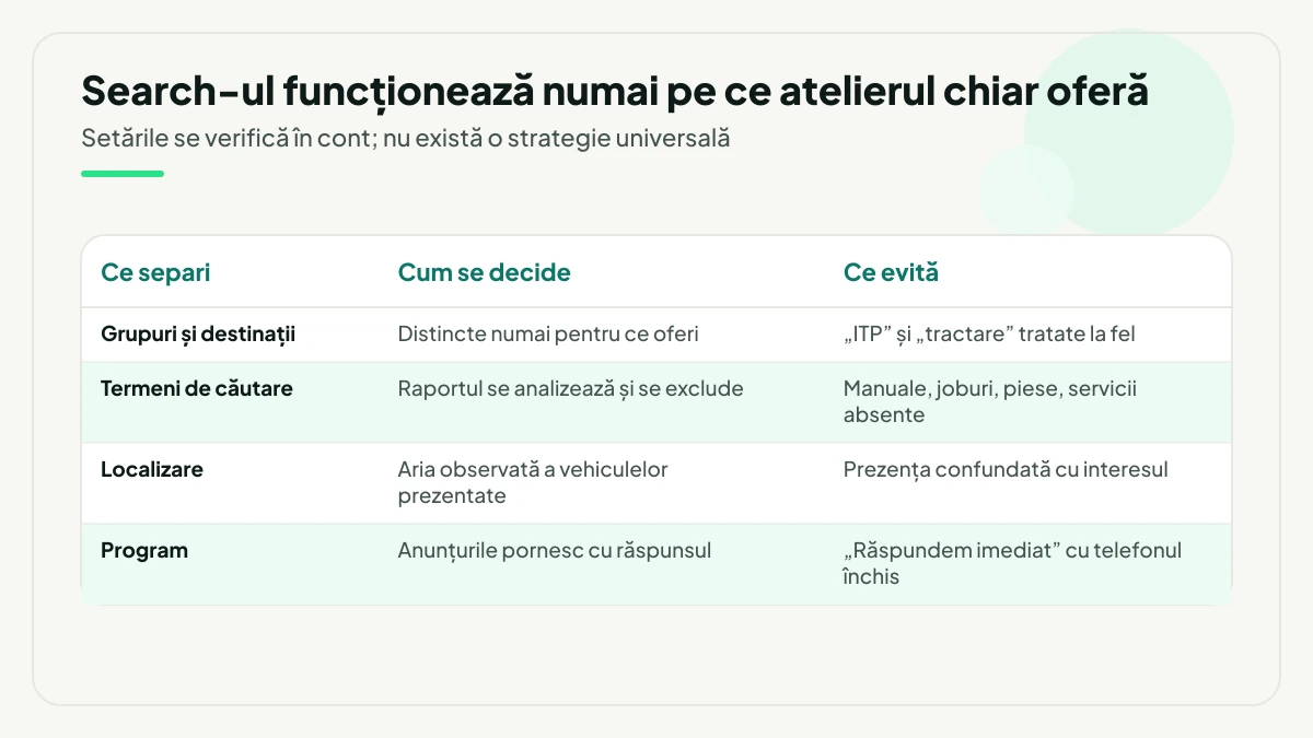 Tabel cu patru setări Google Ads pentru un service auto — grupuri și destinații, termeni de căutare, localizare și program — fiecare cu regula după care se decide și greșeala pe care o evită.