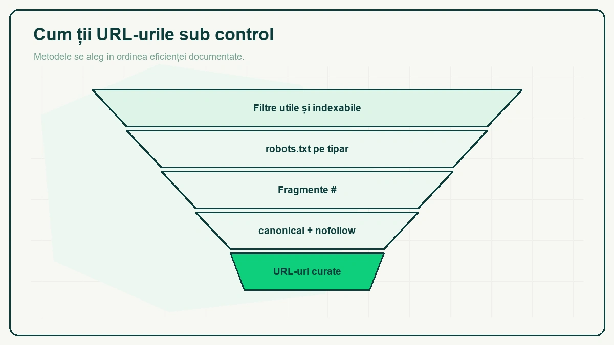 Pâlnie cu patru metode ordonate — filtre utile și indexabile, robots.txt pe tipar, fragmente cu diez, canonical plus nofollow — care se îngustează spre banda verde „URL-uri curate".