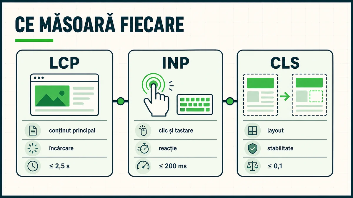 Cele trei metrici Core Web Vitals pentru încărcare, reacție și stabilitate vizuală